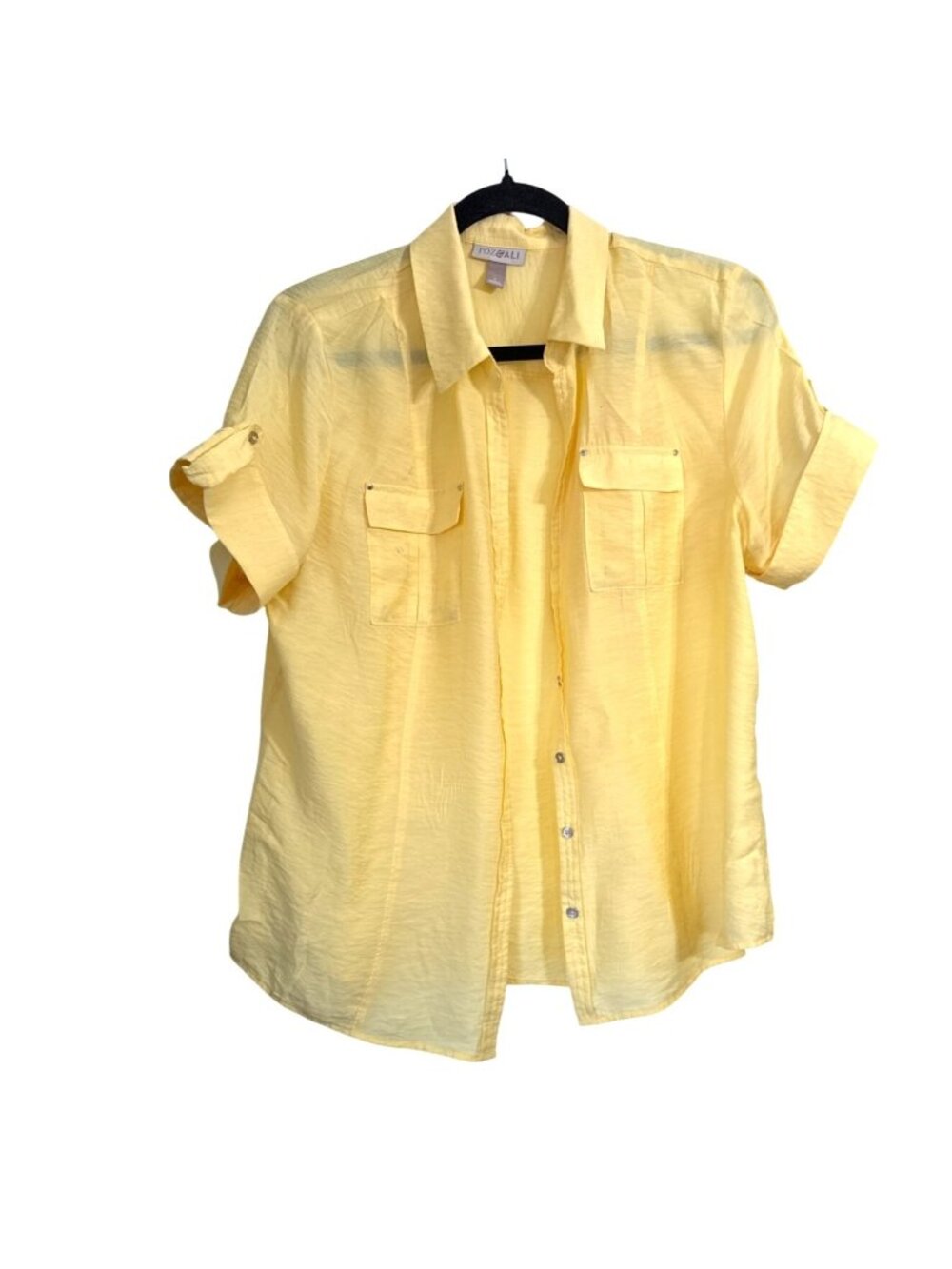 Roz & Ali Yellow Button-Down Blouse With Roll Tab Sleeves L